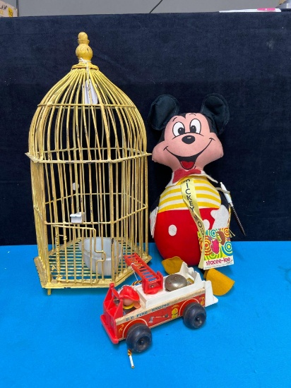 Metal bird cage Vintage Stacee Lee Mickey Mouse doll and Fisher-Price fire engine toy