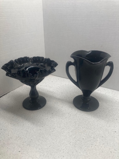 Fenton black ruffled bowl and double handled vase