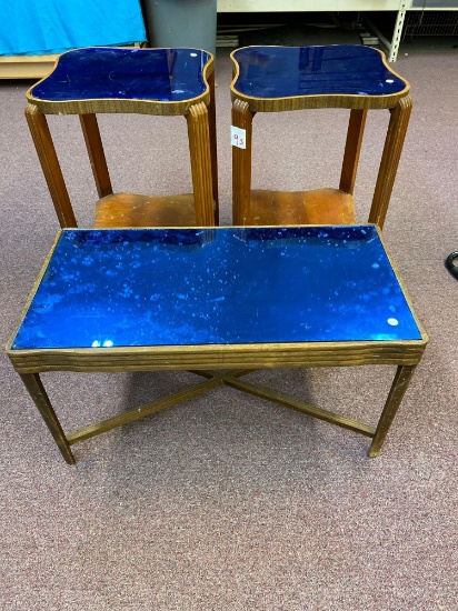 Trio of blue glass top tables
