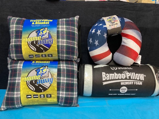 Travel pillows and blankets and a queen size bamboo pillow