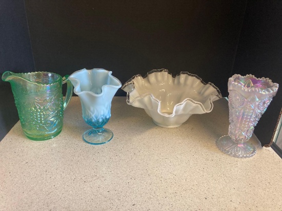 Fenton ruffled edge bowl and Lily of the Valley vase plus Imperial green pitcher plus Carnival glass