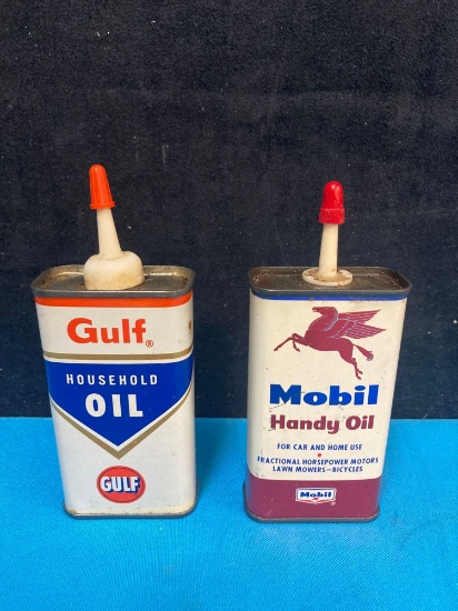 2 vintage oil cans Mobil and Gulf