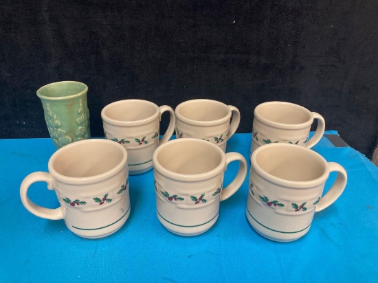 6 Longaberger Holly mugs and a McCoy vase