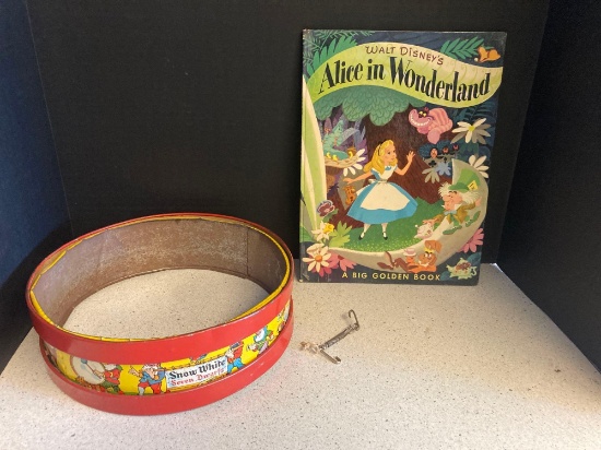 Snow White and 7 Dwarfs Chein tin drum and 1951 Alice in Wonderland big golden book