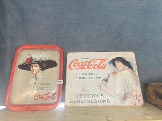 Coca Cola tray and metal sign