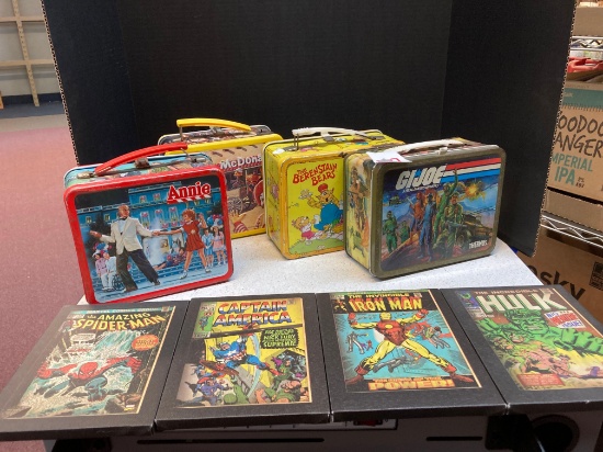 4 vintage metal lunchboxes and 4 Marvel wall hangings