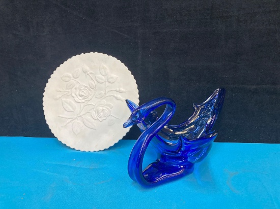 Blue hand blown art glass swan and imperial milk glass plate