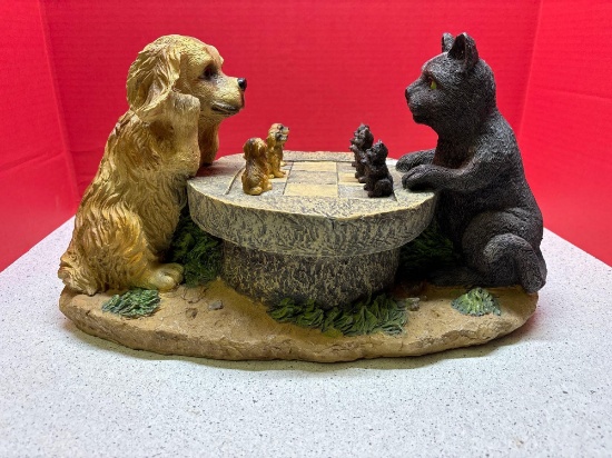 whimsical cat and dog playing checkers 15 inches wide 9 1/2 inches tall