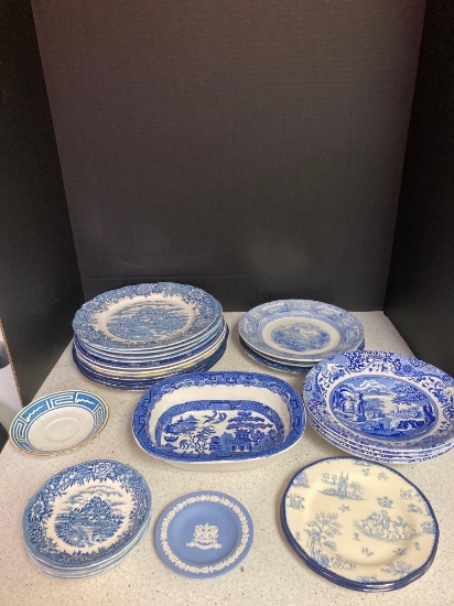 Salem china transferware plates, Wood and Sons plates, reproduction Spode bowls, Wedgewood