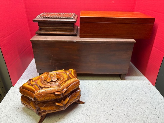 vintage wood boxes carved one is missing one leg