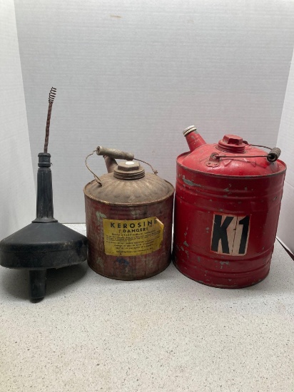 Kerosene cans and workshop items, valves, hooks screws, etc.