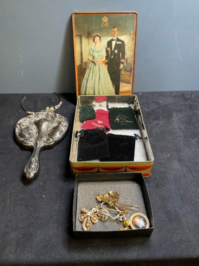 Ornate handheld mirror, queen tin, Tiara, some jewelry