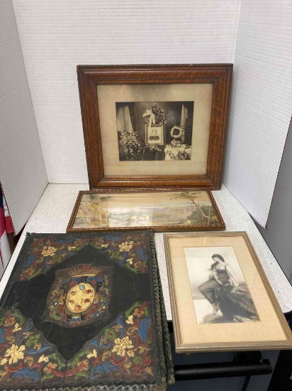 Vintage pictures, leather photo album no photos, religious black velvet art