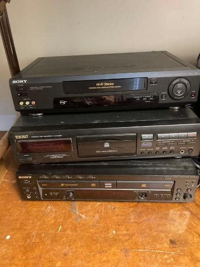 Sony VCR and CD player, TEAO CD recorder, vintage calculators
