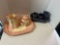 Vintage ceramic red sponge ware table set and blue speckle ware