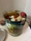 large tin of Christmas decorations, ornaments, sleighs, cornucopia and more