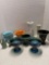 Two carnival glass Kings crown compotes, colorful pottery, and more