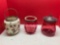 Opaline victorian glass biscuit box circa 1860 also two cranberry glass biscuit jars one missing lid