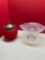 Red satin glass biscuit jar with lid and handle and a French opalescent pedestal dish
