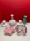 Handpainted satin vase, Fenton and art glass ruffle top dishes