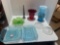 multicolor glass, sky blue trays, hand painted norleans vase, green glass basket and more