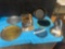 two cast iron mini cauldron, 11 assorted metal ceramic and glass decorative plates, Alessi Italian