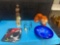 ceramic tiger, ceramic leopard, two sports flags, wooden Venus de Milo statue, hand blown glass