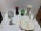 Fenton milk glass shoe, large glass rabbit, red and green glass, ceramic vase figurines and plate