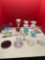 Nice glass lot including ruffled vases, Fenton hobnail ashtray, handpainted trinket box, more