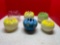 5 satin rose ruffle vases and 1 cranberry glass