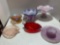 pink opalescent swan Tray and Ruby and clear glass Swan tray. blue and white art glass bowls