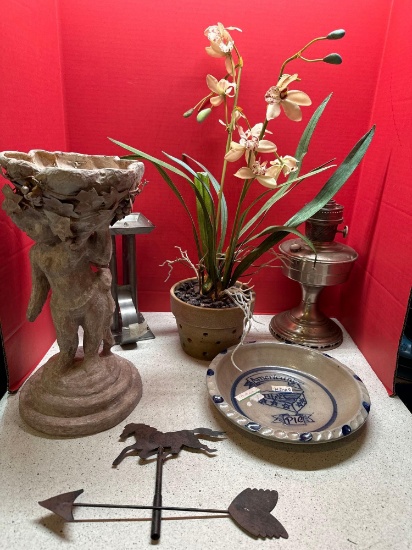 paper mache planter, antique candle mold, faux plant, kerosine lantern base, Rowe pottery pie plate