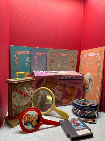 Fisherprice Musical ticktock clock, Hush Lil Baby, vintage hand mirror, large book kid stories