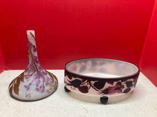 Lagras signed art glass vase and Loetz iridescent purple footed bowl