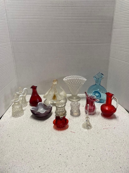 Fenton hobnail cruets, fan vase, cat on nest, other colorful glass
