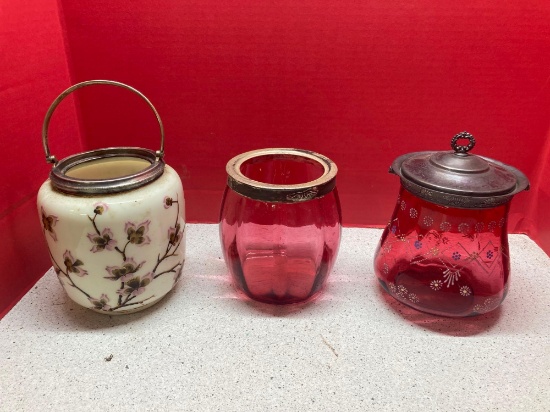 Opaline victorian glass biscuit box circa 1860 also two cranberry glass biscuit jars one missing lid