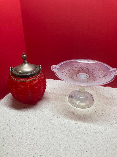 Red satin glass biscuit jar with lid and handle and a French opalescent pedestal dish