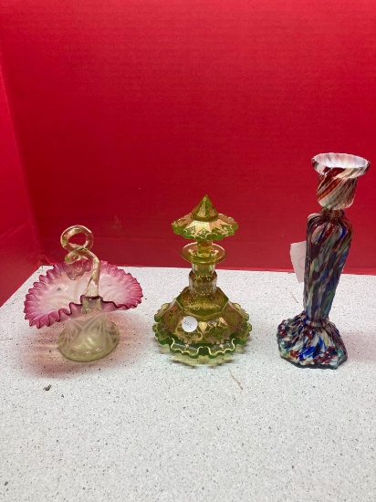 Vaseline glass ruffled twisted handle vase, Beidermeier Bohemian cut glass perfume bottle, glass