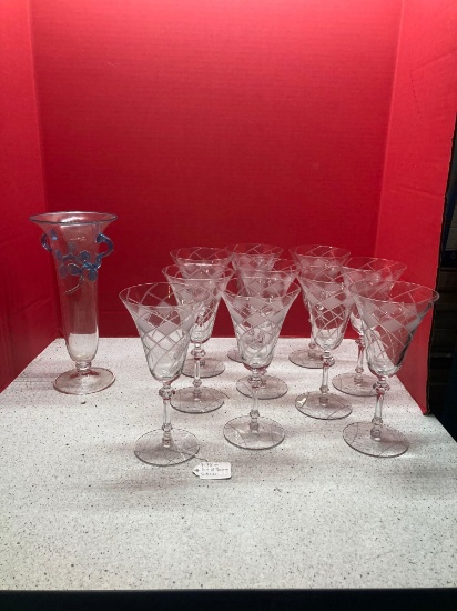 Rare Steuben Su-Noke vase and set of 10 Duncan goblets