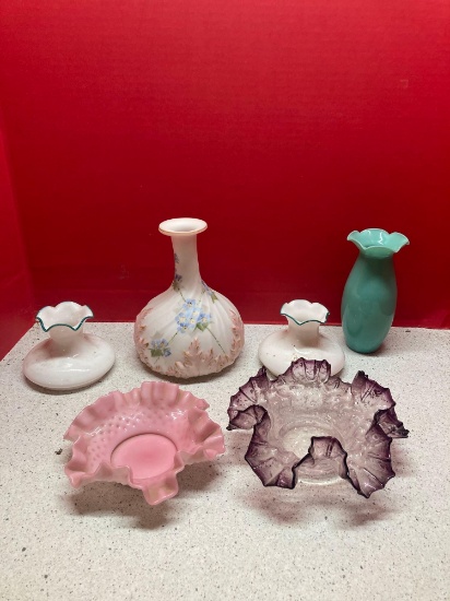 Handpainted satin vase, Fenton and art glass ruffle top dishes