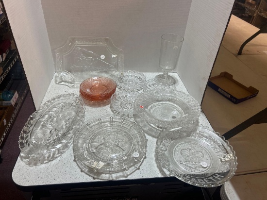 Crystal and pink glass lot. Cut crystal glass trays, historical figures and events plates and more