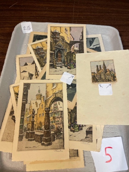 tattoo, antique lithograph prints, pencil sign, Germany circa 1900 by artist eight different prints