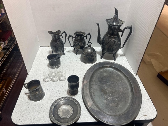 silver plate pair point plates and antique silver plate tea set serving pieces