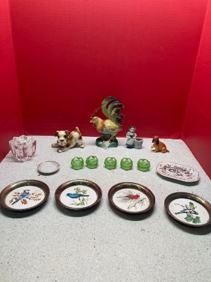 Green glass salts, ceramic figurines, Silver bird coasters