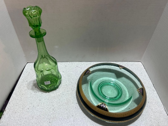 large green glass cruet with stopper and depression glass hand painted dish