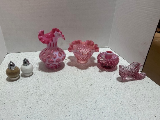Fenton cranberry opalescent glass vase, hobnail ruffled vase, hobnail cranberry shoe Fenton. salt
