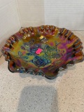 Imperial carnival glass bowl and Fenton milk glass two tier cake stand