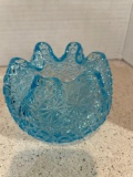 Vintage mid century Fenton peacock blue bowl, Boyd art glass Virgil the clown and Antique Custard