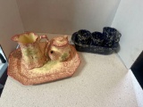 Vintage ceramic red sponge ware table set and blue speckle ware