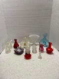 Fenton hobnail cruets, fan vase, cat on nest, other colorful glass